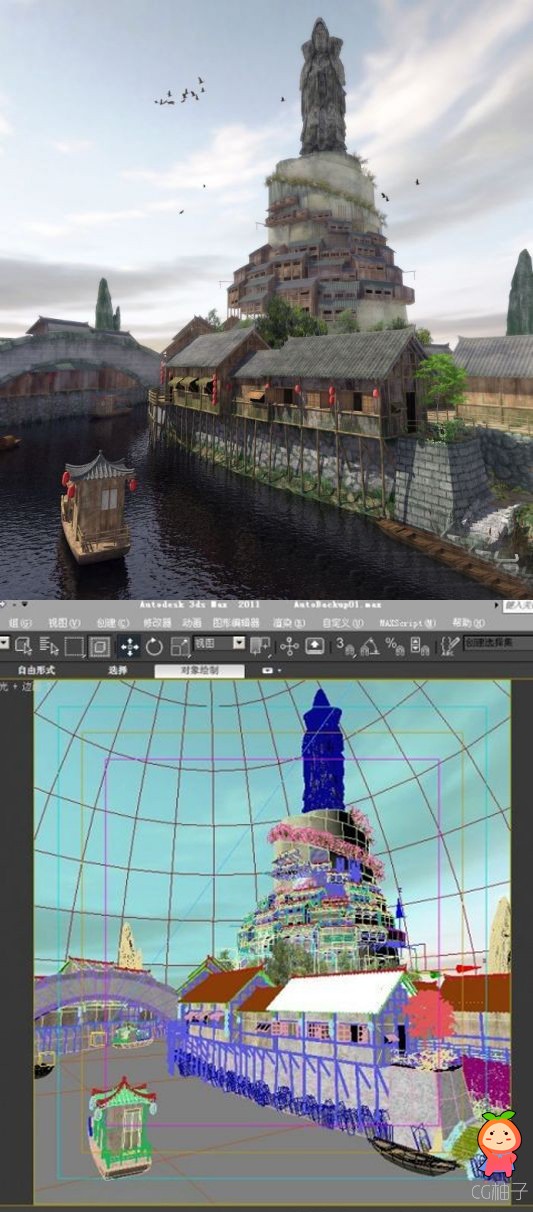 中国古镇写实3Dmax场景建筑模型下载 游戏3D场景模型。