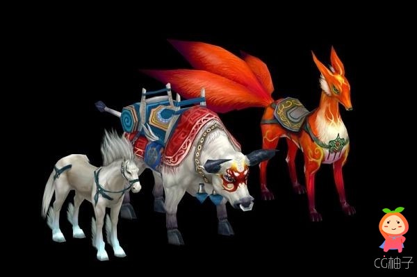 手绘战马、奶牛、火狐狸3D角色模型 野牛坐骑狐狸坐骑3D模型