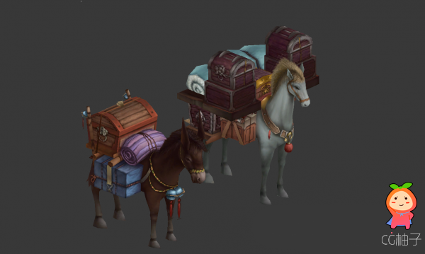  2匹拉货的小马3d模型  3d动物模型 驴拉货3D角色模型下载