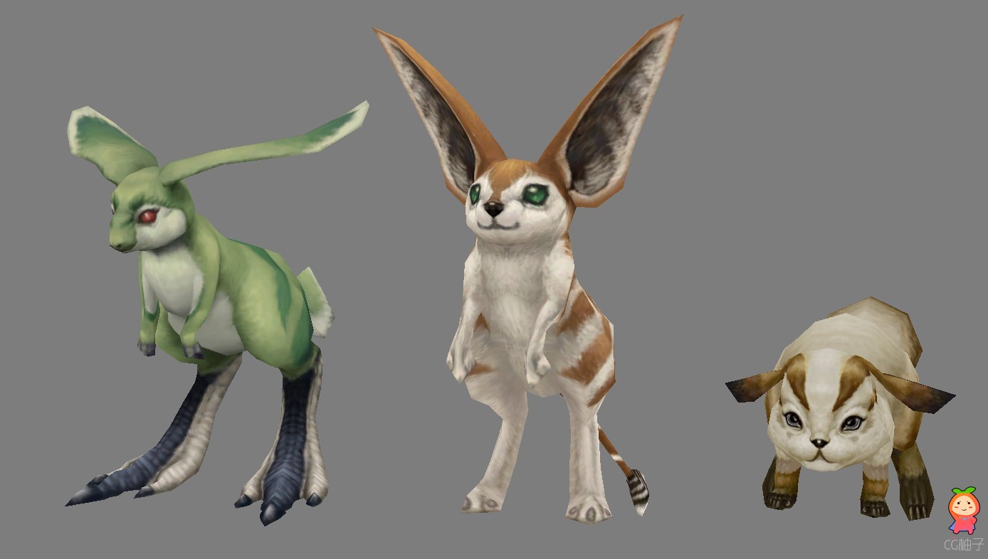 3只宠物3D模型，3只兔子3D动物模型下载 3D美术资源。