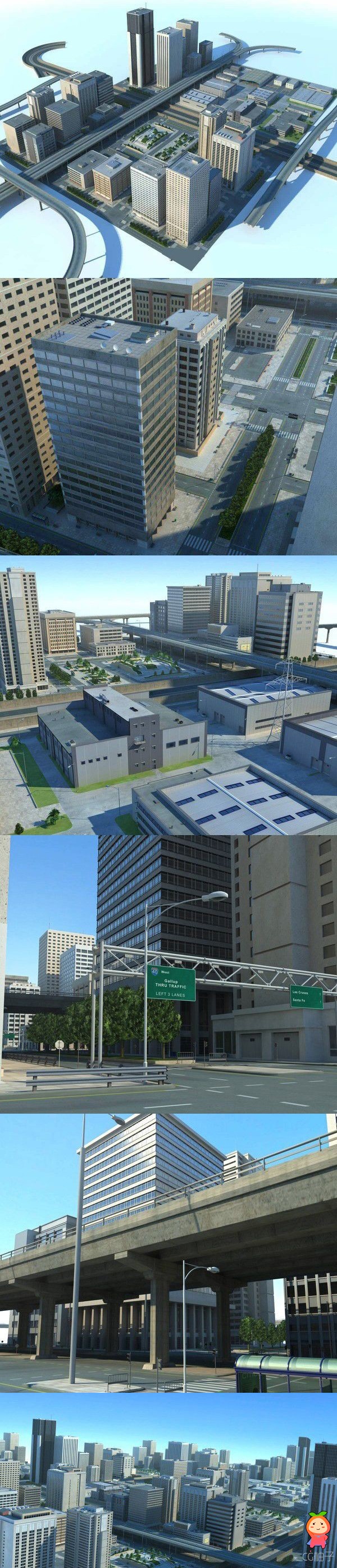 现代3D场景建筑模型 3个城市街道3D建筑场景模型带完整贴图
