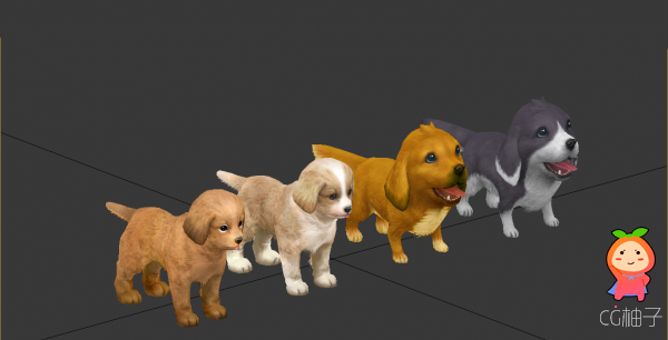 四只可爱狗狗3D模型，写实小狗3D角色模型下载。3d美术资源