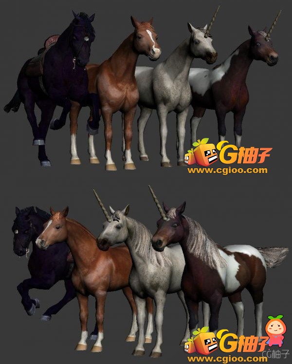次世代模型各种已绑定马匹模型与独角兽动画3D模型下载