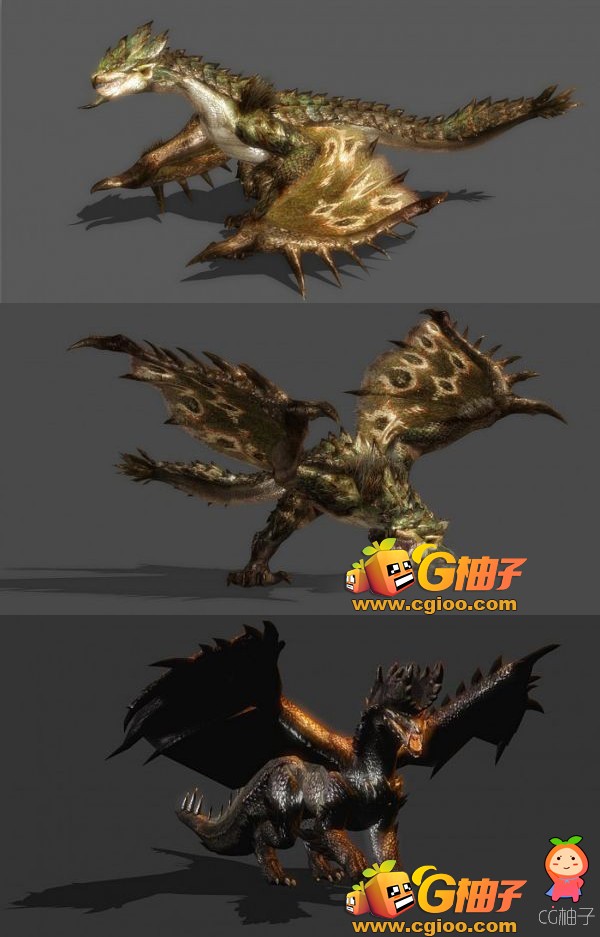 《怪物猎人3》次世代模型 飞龙种雄火龙 古龙种煌黑龙3D模型