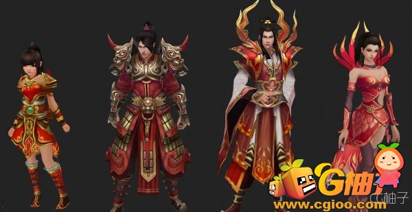 《剑啸九州》游戏4位男女主角 穿红铠甲的古装人物3D模型