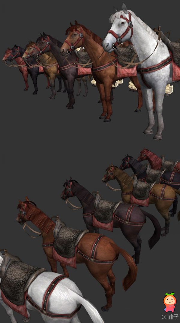 6匹战马3D模型下载,各种颜色的马匹3D角色模型,有材质