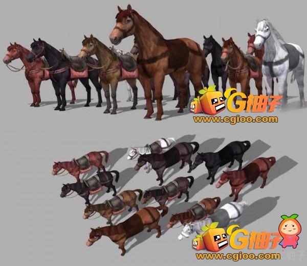 一群马匹3D模型,战马3D角色模型,马匹坐骑3dmax模型,CG模型网