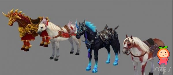 铁甲赤兔3D模型,白马坐骑3D角色模型,四匹战马3dmax,CG模型网