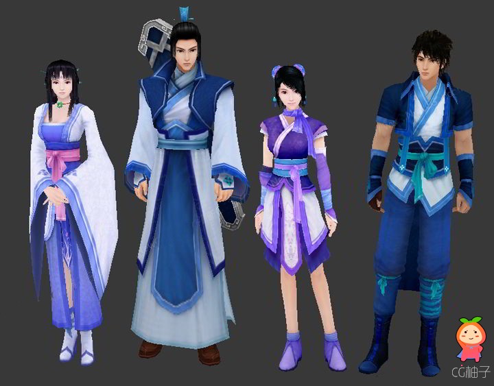 《仙剑4》中四位古代男女3D角色模型,古装男女3D模型下载