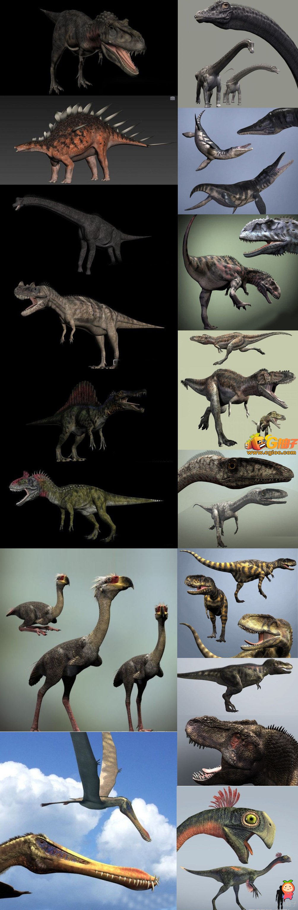 恐龙3D模型下载,恐龙全套3D角色模型,3dmax动物模型资源