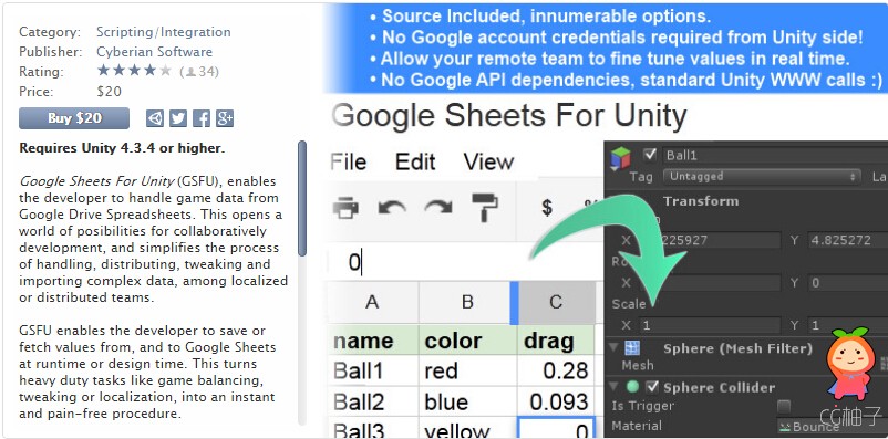 Google Sheets For Unity 1.5 unity3d asset U3D插件下载