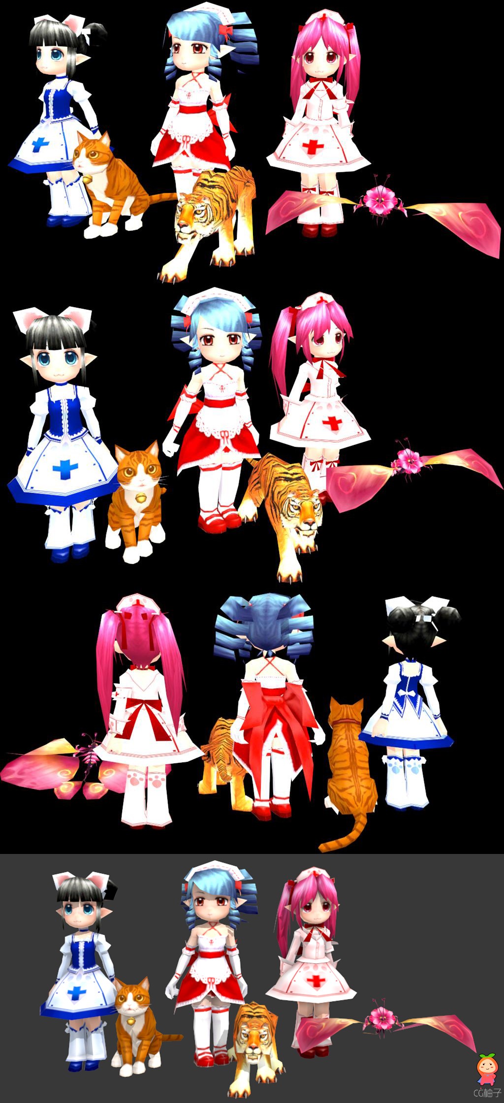 卡通女孩3D模型,三个Q版小萝莉有宠物3D角色模型,3dmax资源