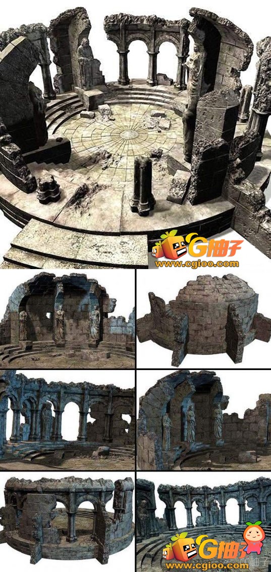 古代场景物件模型，西方破碎墙体建筑3D模型下载。