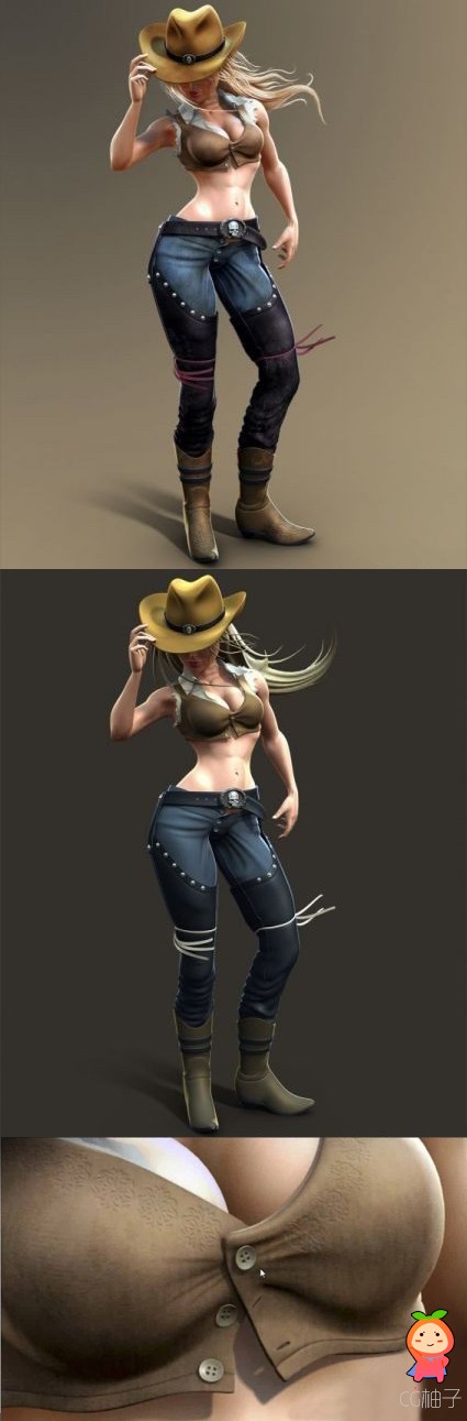 性感女人3D模型,Cowgirl火辣牛仔妹3D角色模型,3D美术资源下载