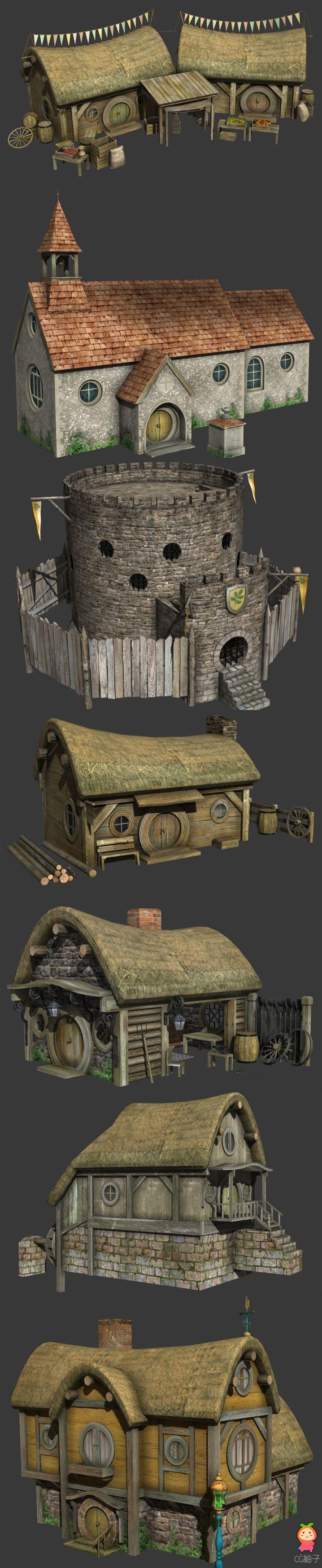 古代欧式房屋3D场景模型,几套中世纪房屋3D模型，3D美术资源