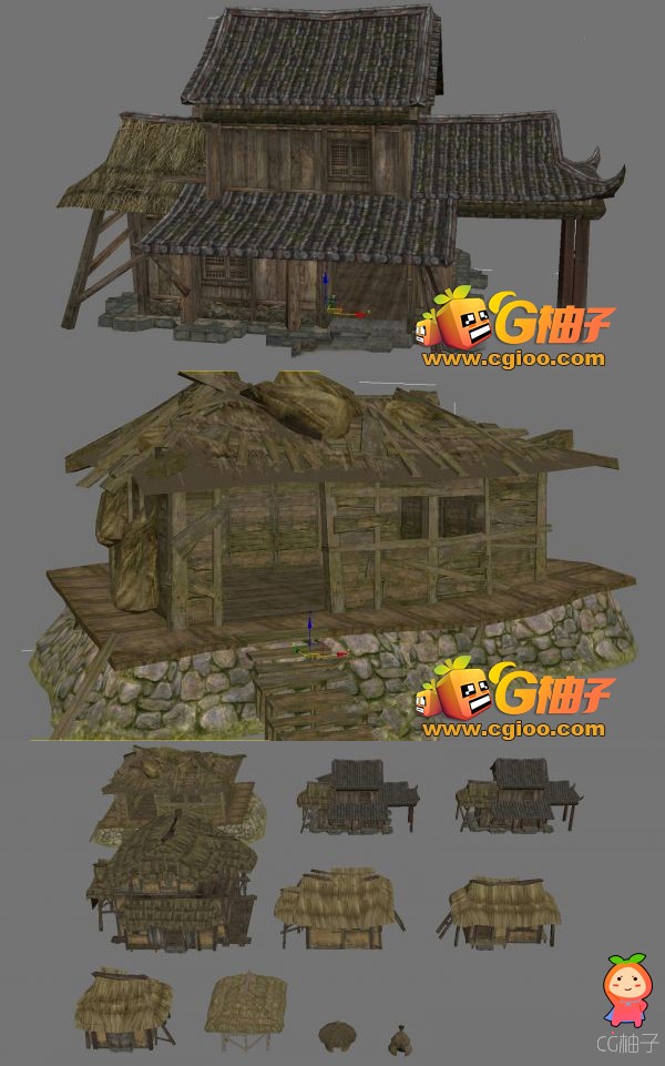 古风民宅建筑模型,写实茅草屋3D模型,有颜色高光法线贴图