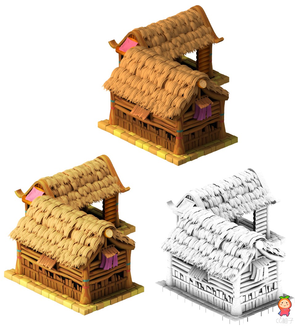 卡通茅草屋3d模型下载，精细草屋3D建筑模型，3D美术资源
