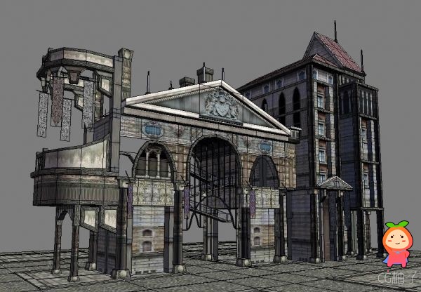 欧式古风建筑模型，废弃的古建筑3D场景，破旧古楼3D模型