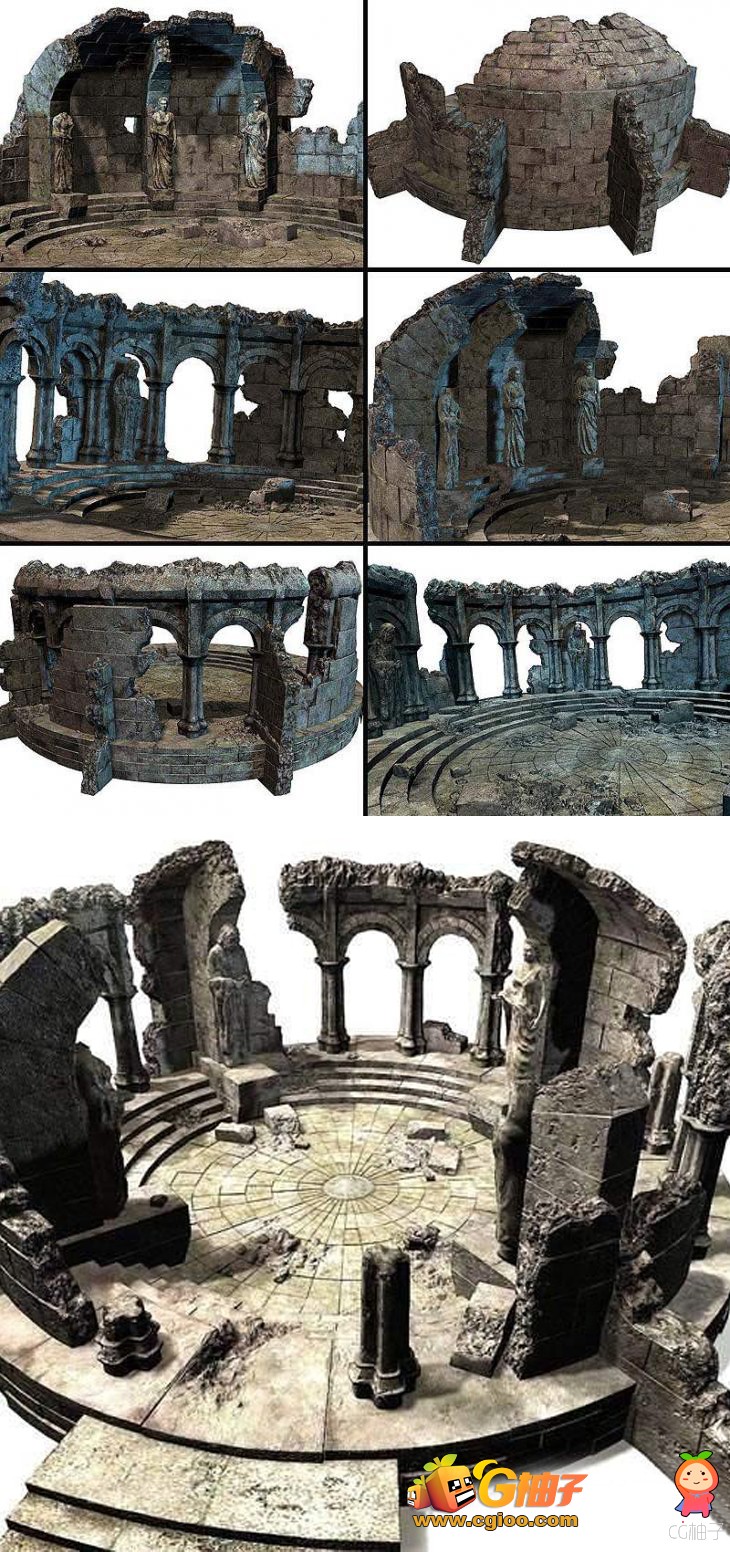 欧洲古建筑场景物件，雅典式古建筑残垣断壁3D场景模型