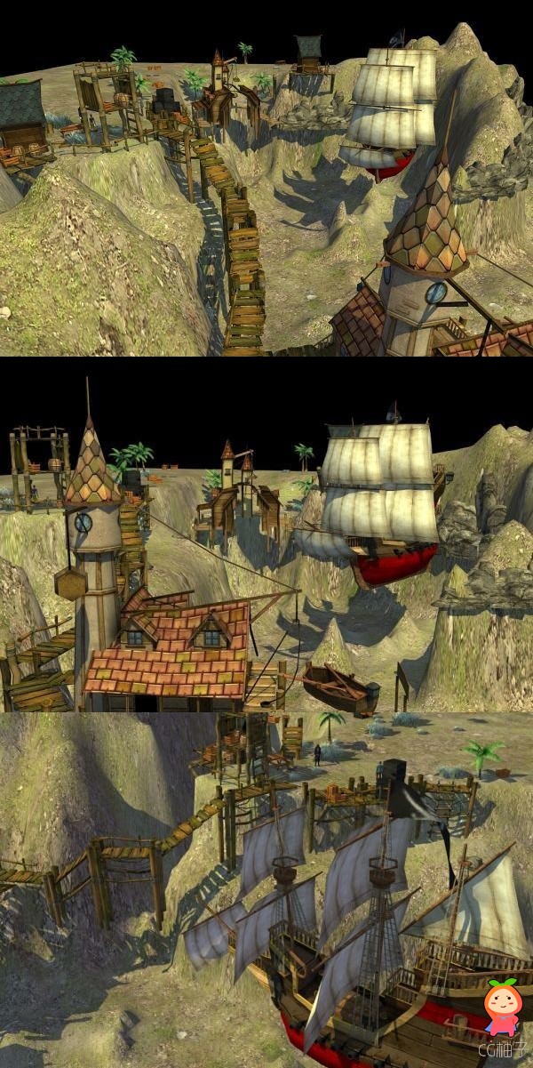 《黑湾海盗》港口3D场景模型,游戏场景模型下载,3D美术资源