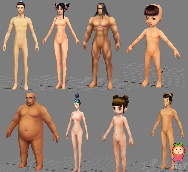 裸体人物3D模型，男女老少裸体3D角色模型，带贴图，有绑定