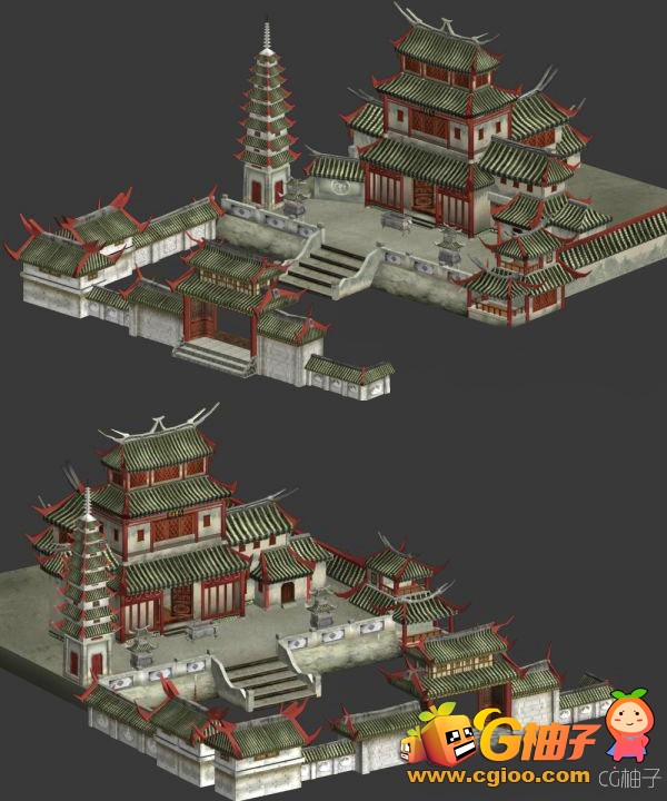 古代城楼3D场景模型，完整寺庙3D模型，有贴图，3D美术资源