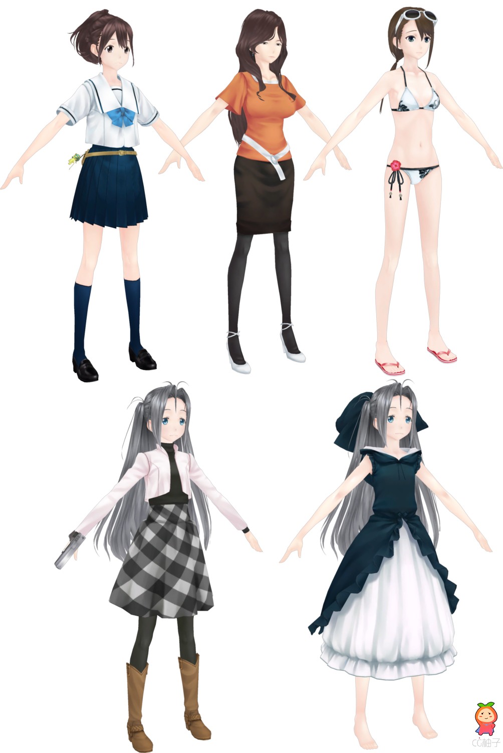 5个卡通女孩3D模型，可爱Q版mm3d角色模型，3D美术资源