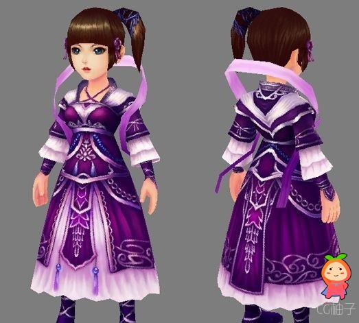 《剑灵》穿紫色裙子的女孩3D模型,手绘模型【免费】