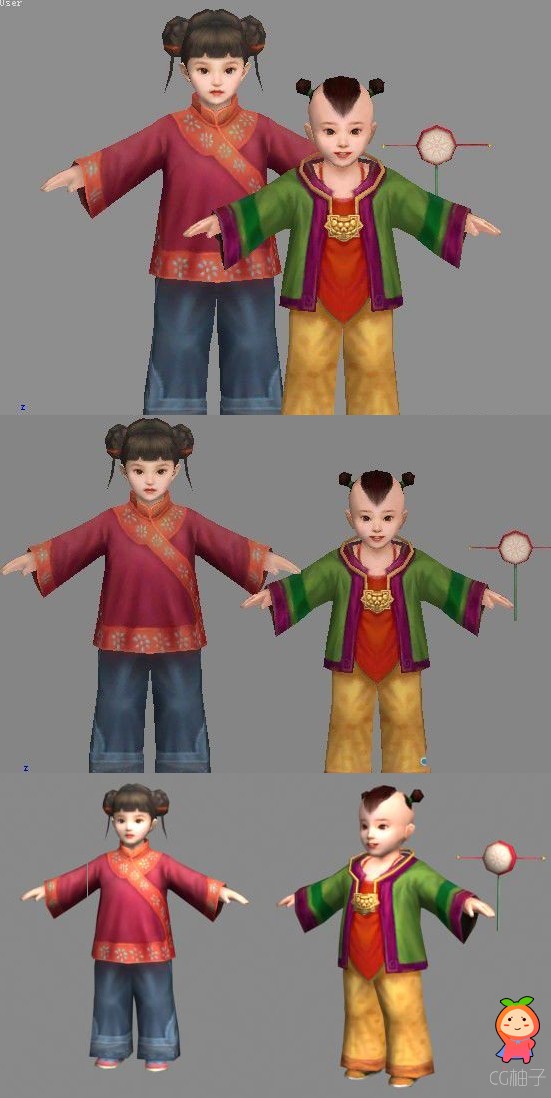 中国古代服饰男孩女孩套装3D角色模型下载 金童玉女3D模型
