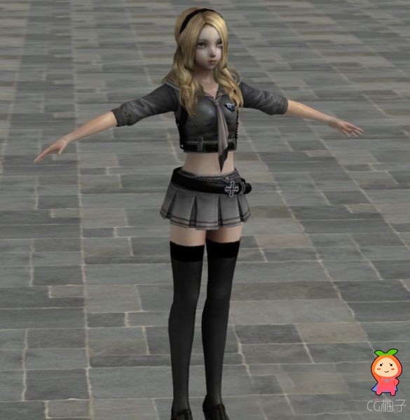 现代卡通女孩3D模型，金发妹妹3D人物模型，校服套装3dmax