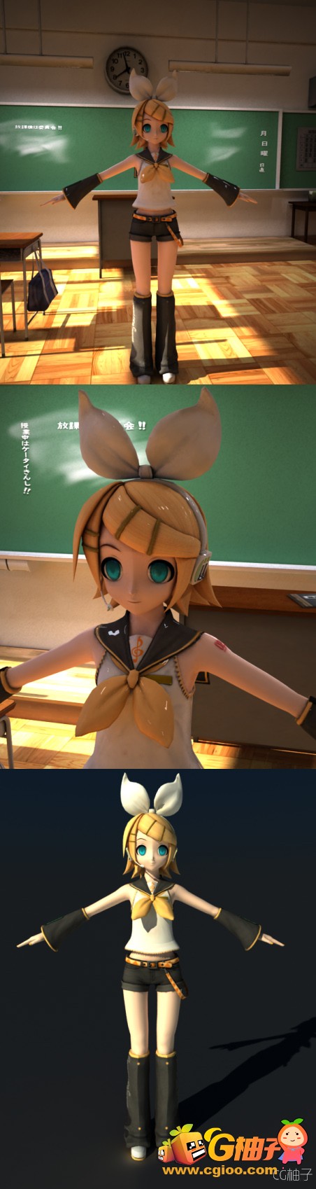 镜音铃学生服套装3D模型下载，3W多边形模型，无骨骼