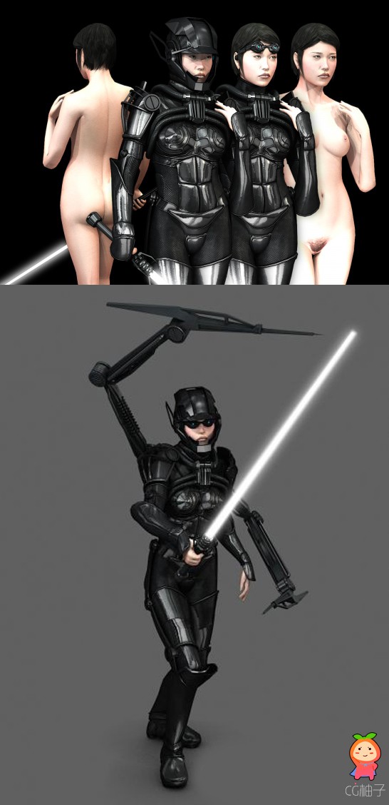 科幻女战士3D模型套装+裸体模型，未来女战士3D角色模型
