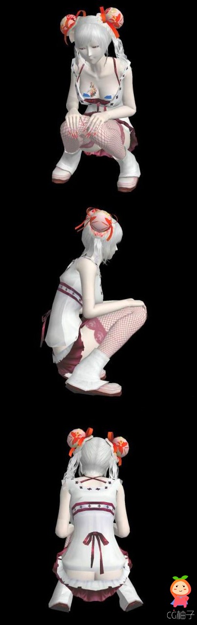 卡通女孩3D模型，蹲着的女孩3d角色模型，3dmax人物模型