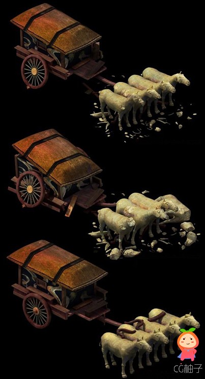 东方古代皇陵马车3D模型，石像，羚羊马车雕像，3dmax模型