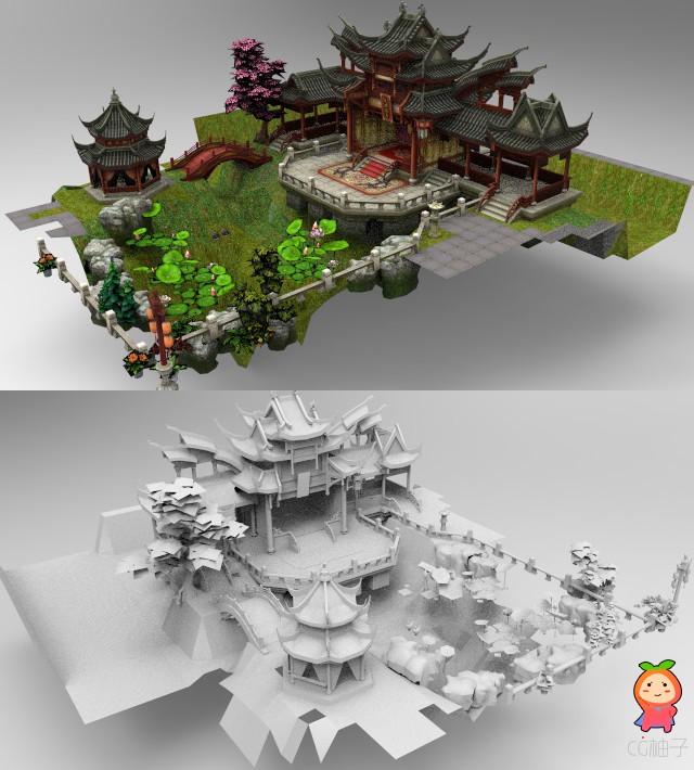 中国古代阁楼3D场景模型,古代庭院3D建筑模型,古代房屋建...