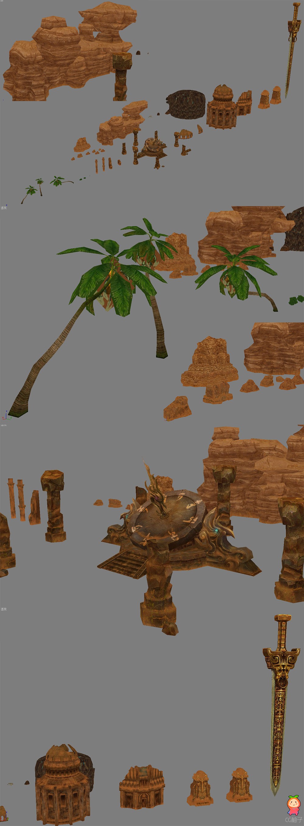 沙漠场景建筑模型,西方古遗址3D场景物件,3D模型下载