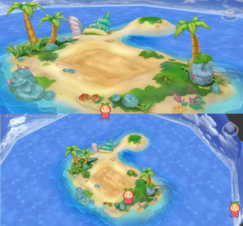 Q版岛屿3D场景模型，卡通海岛场景模型，海滩战斗场景模型