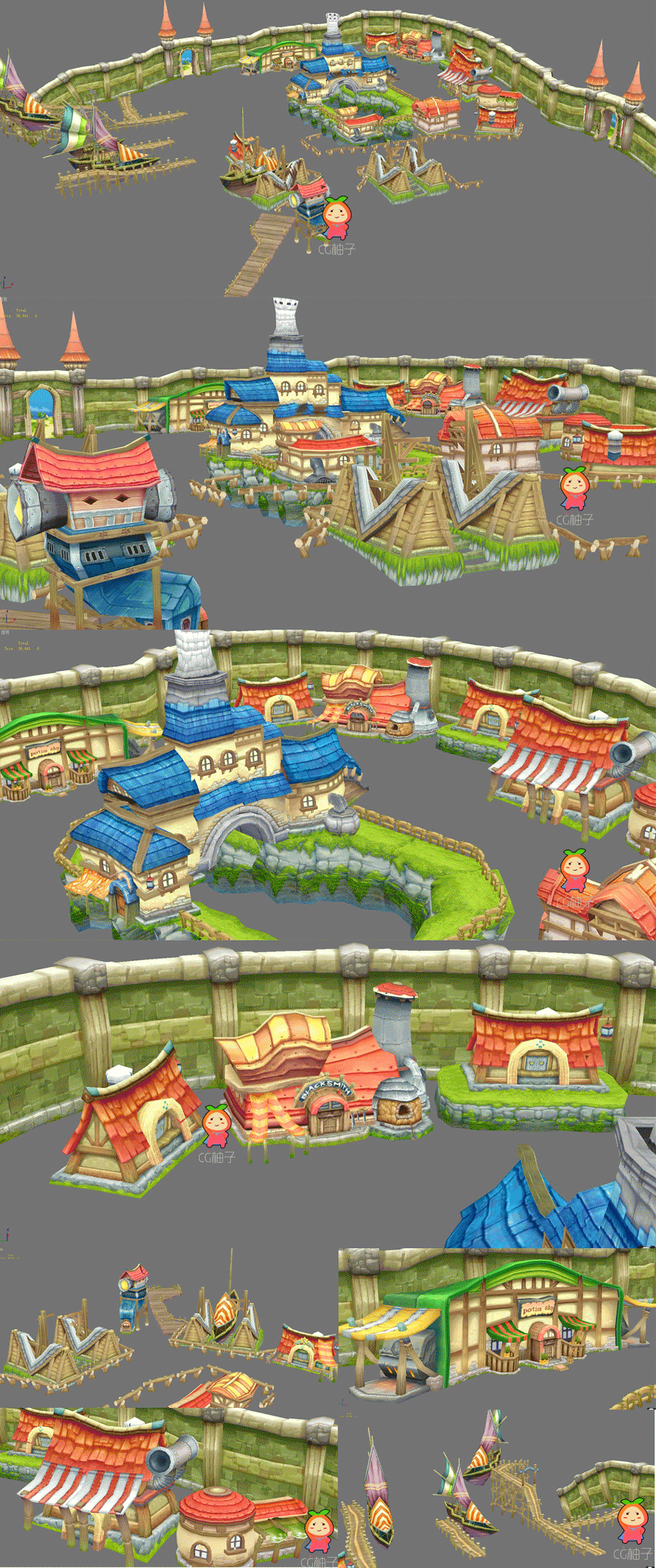 完整Q版城镇建筑模型,卡通港口3D场景模型,卡通村庄3D模型..