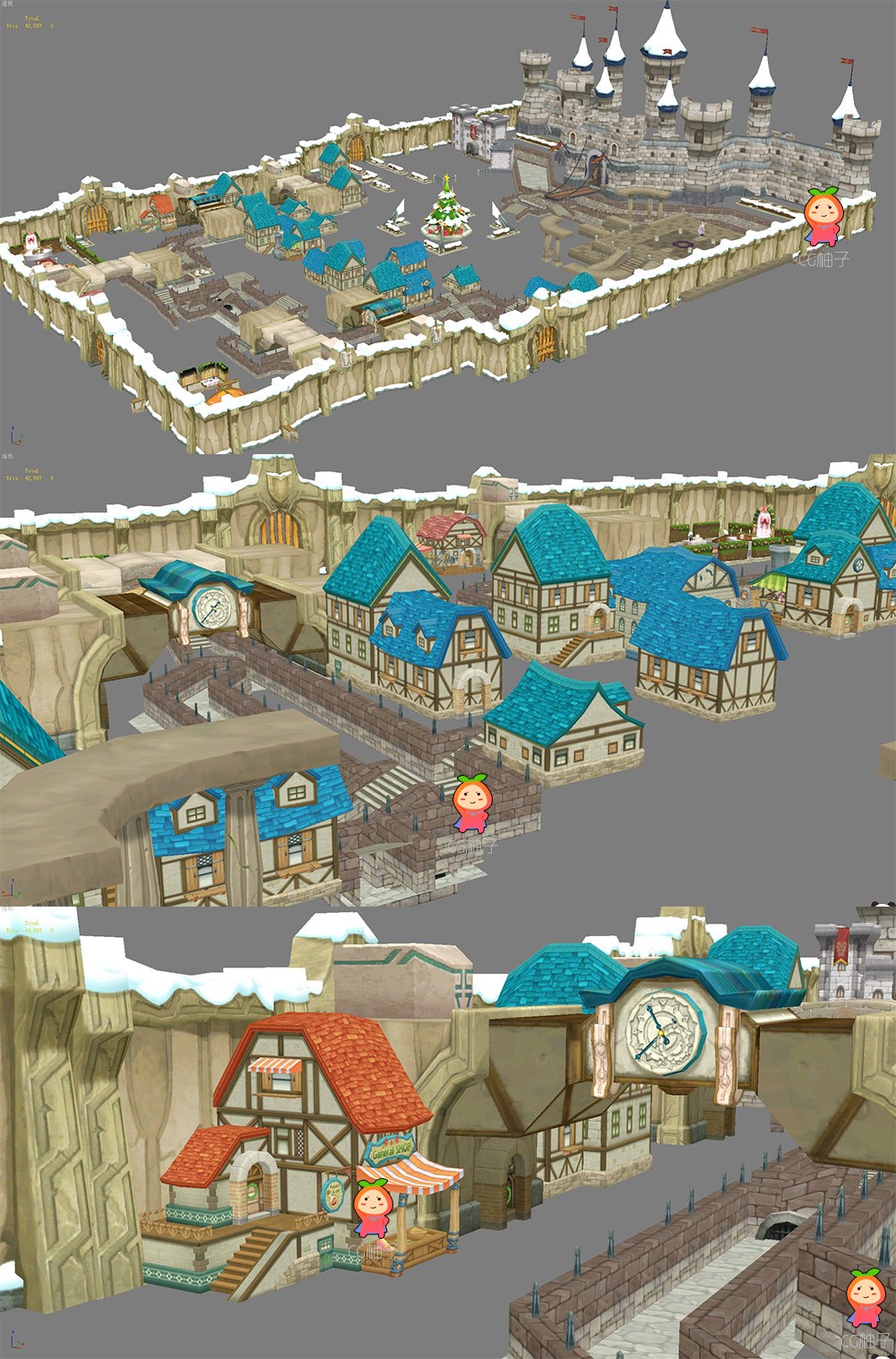 一套完整卡通城镇3D模型下载，Q版建筑群3D场景模型下载