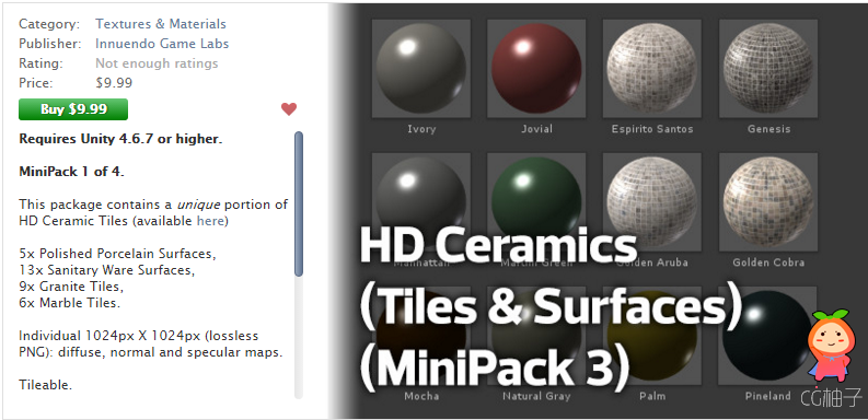 HD Ceramics (Tiles & Surfaces) (MiniPack 3) 1.0 unity3d asset U3D插件下载
