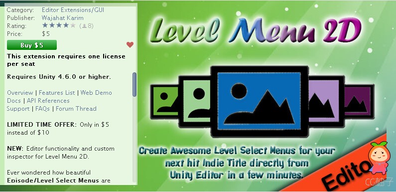 Level Menu 2D Editor 1.0 unity3d asset unity编辑器下载 unity官网资源