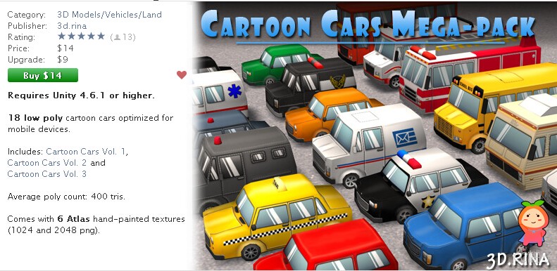 Cartoon Cars Mega-Pack 1.3 unity3d asset U3D模型下载 unity插件