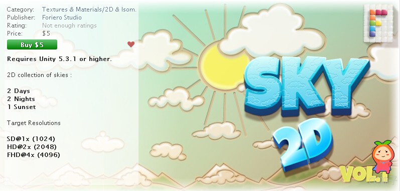 Skies 2D Vol. 1 1.0 unity3d asset U3D插件下载 unity官网