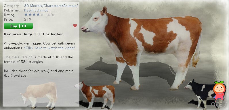 Animals - Cow 1.2 unity3d asset U3D模型下载，unity官网资源