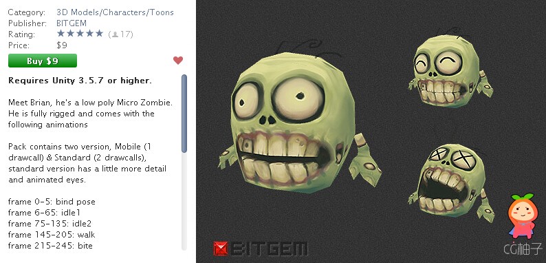Micro Zombie Brian 1.0 unity3d asset U3D模型下载，unity论坛资源