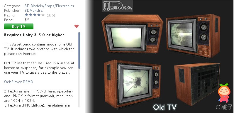 Old Television 1.0 unity3d asset U3D模型下载，unity编辑器下载