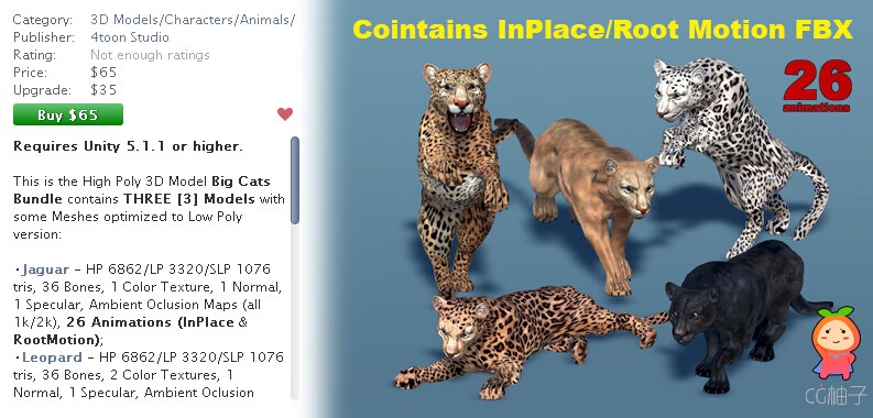 Big Cats Bundle (3 pcs) 1.1 unity3d asset U3D模型下载 unity插件下载