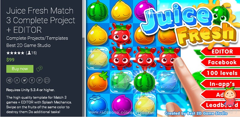 Juice Fresh Match 3 Complete Project + EDITOR 1.2.1 unity3d asset U3D插件下载 unity官网资源下载 ...  ...