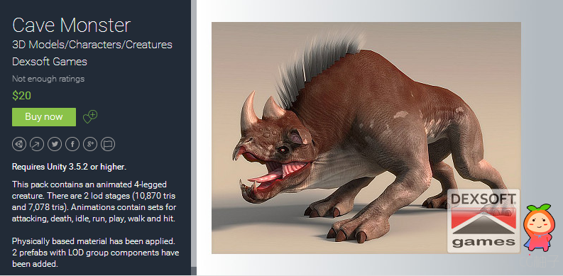 Requires Unity 3.5.2 or higher. This pack contains an animated 4-legged creature. There are 2 lod st ...