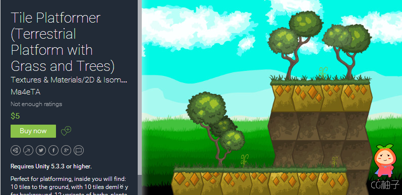 Requires Unity 5.3.3 or higher. Perfect for platforming, inside you will find: 10 tiles to the groun ...